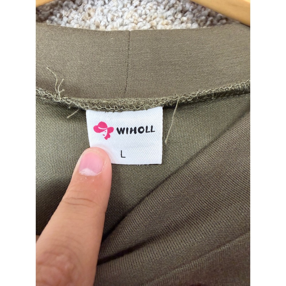 WIHOLL Womens 2 Piece Lounge Set Olive Green White Piping Wide Leg Pants Large - Picture 3 of 14